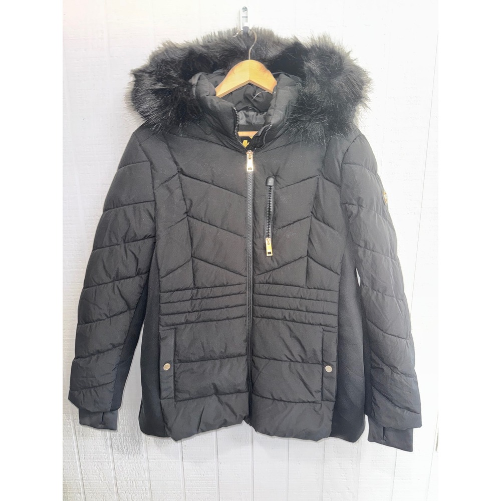 MICHAEL Michael Kors Puffer Jacket Womens Black Faux Fur Hood Mixed Media XL